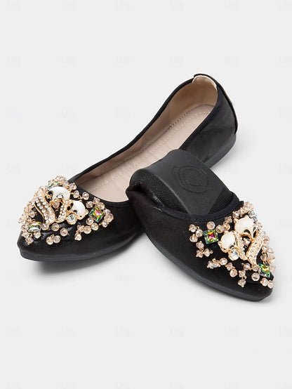 Women's Foldable Rhinestone Ballet Black Flats with