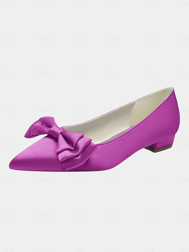 Satin Toe Pointed Green Bow Elegant - Women's Flats