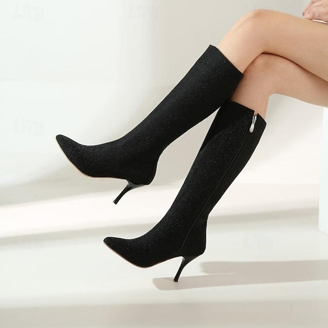 Knee-High Women's Elegant Sparkly Stiletto Boots –