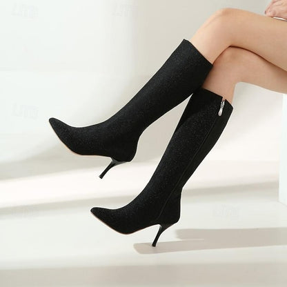 Knee-High Women's Elegant Sparkly Stiletto Boots –