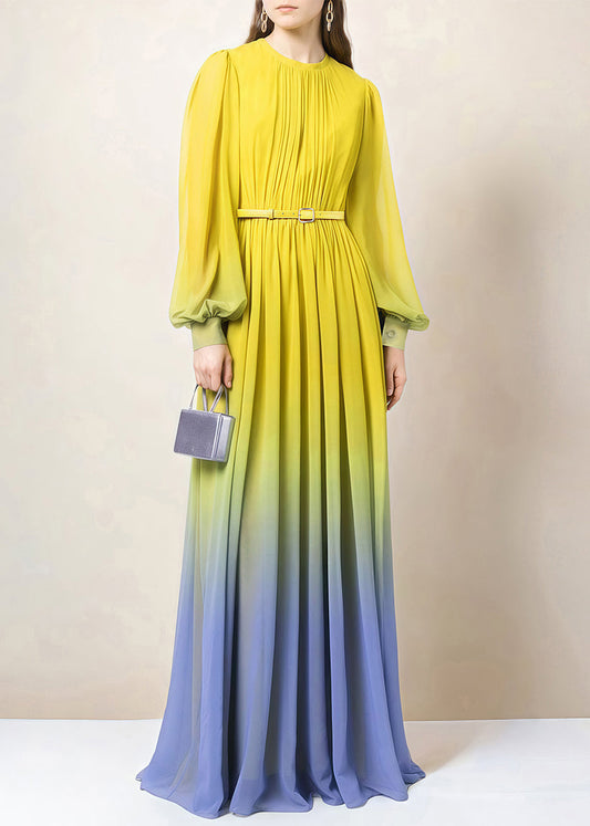 Kleid Herbst Knopf Chiffon Farbverlauf Faltig Farbe Knöchel Italienisch 