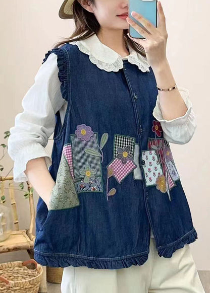 Gilet sans manches à boutons en patchwork brodé bleu marine mignon NN038 