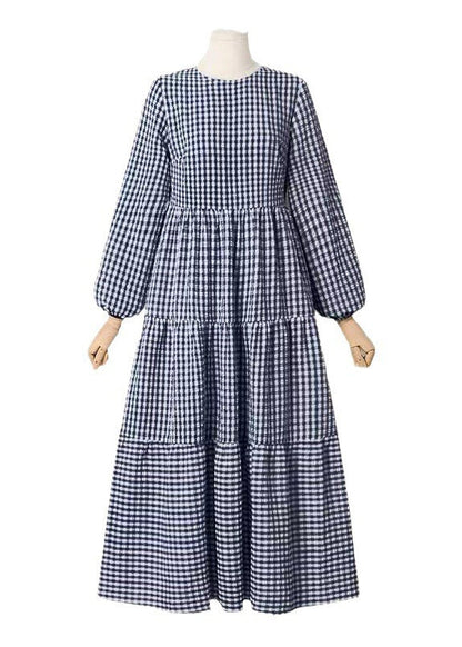 Baumwollkleider Einfach Plaid Frühling Maxi Grün 