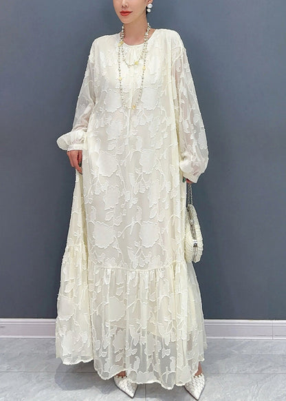 Robe longue ample blanche à col rond et imprimé nouée à la taille Automne AR1036 