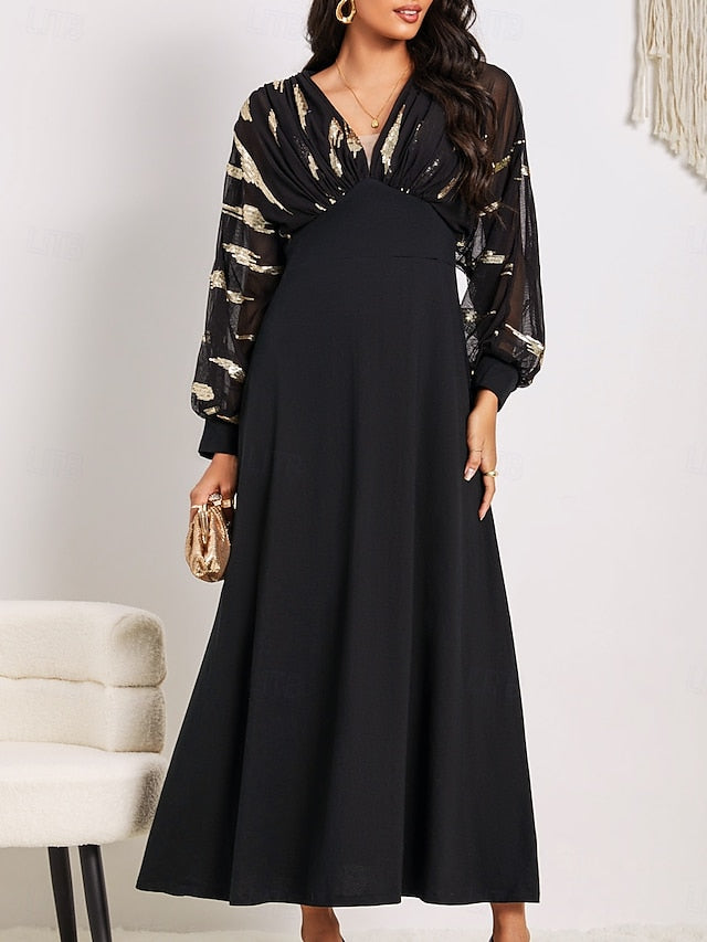 Women's Long Dress Sheer Feather Print Sleeves V-neck Black