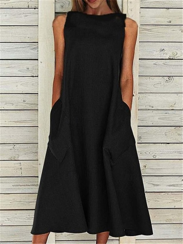 Women's Midi Dress Sleeveless Pockets Casual A-Line
