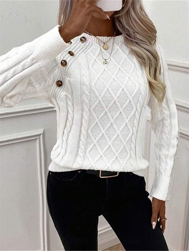 Women's Sweater Casual Soft Pure Color Cable Crew Neck