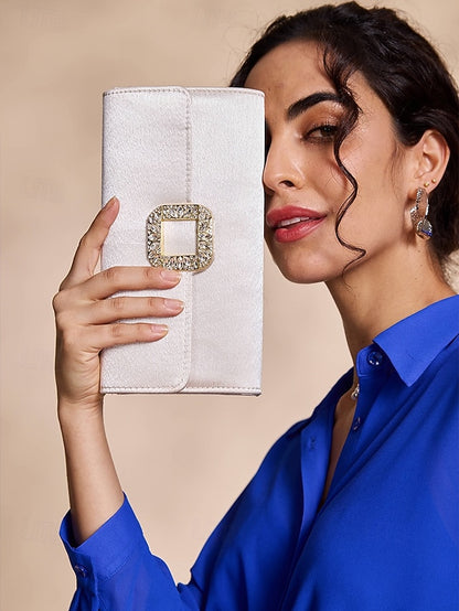 Rhinestone Women's White Elegant Buckle with Clutch - Satin