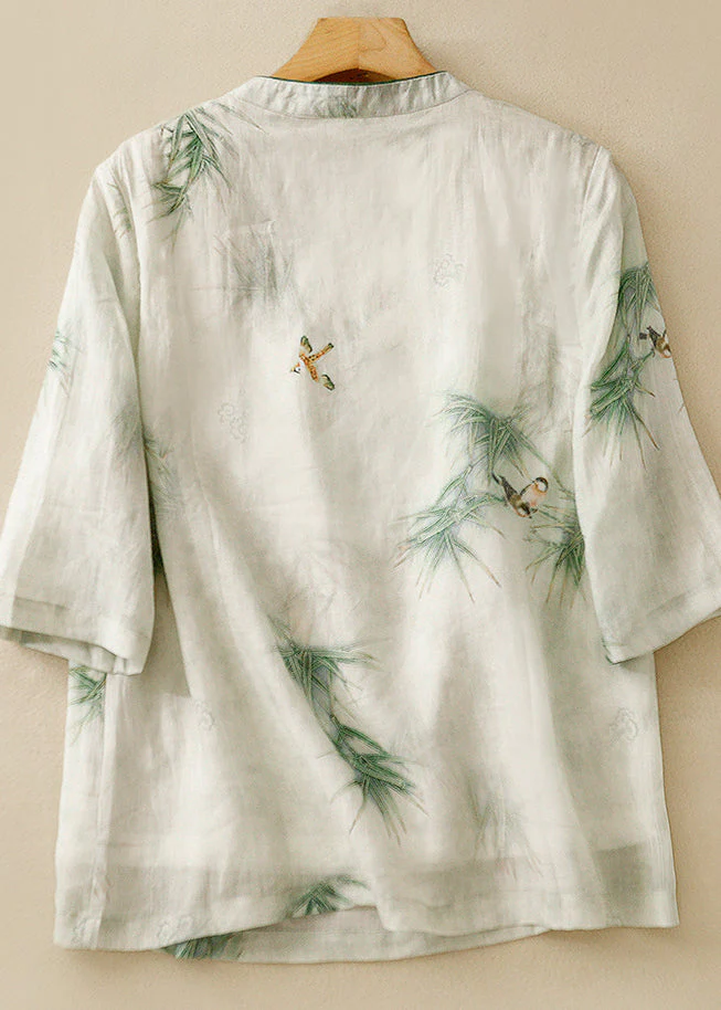 Grace Green Stand Collar Embroidered Linen Shirt Top Summer QR024