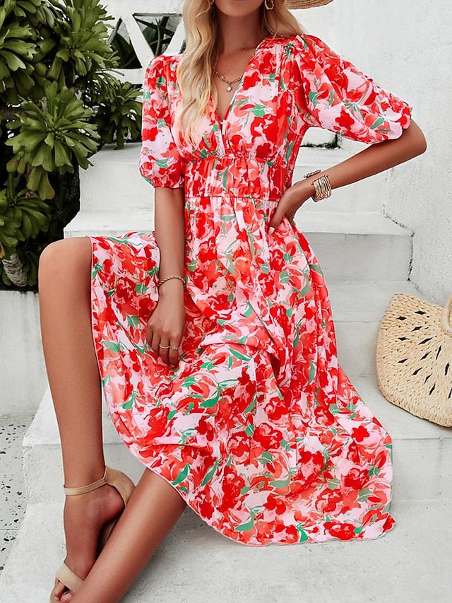 Women's Casual Dress Floral Print V Neck Midi Dress Ethnic