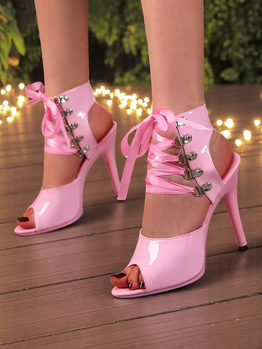 Black Patent Lace-Up Cutout Women's Sandals Sexy Stiletto -