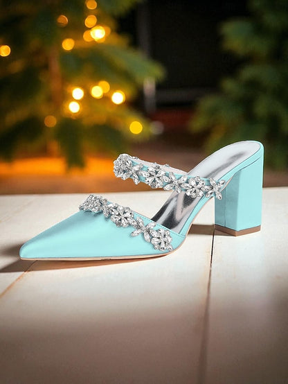 Block Satin Women's Heel Rhinestone Mules with Floral Black