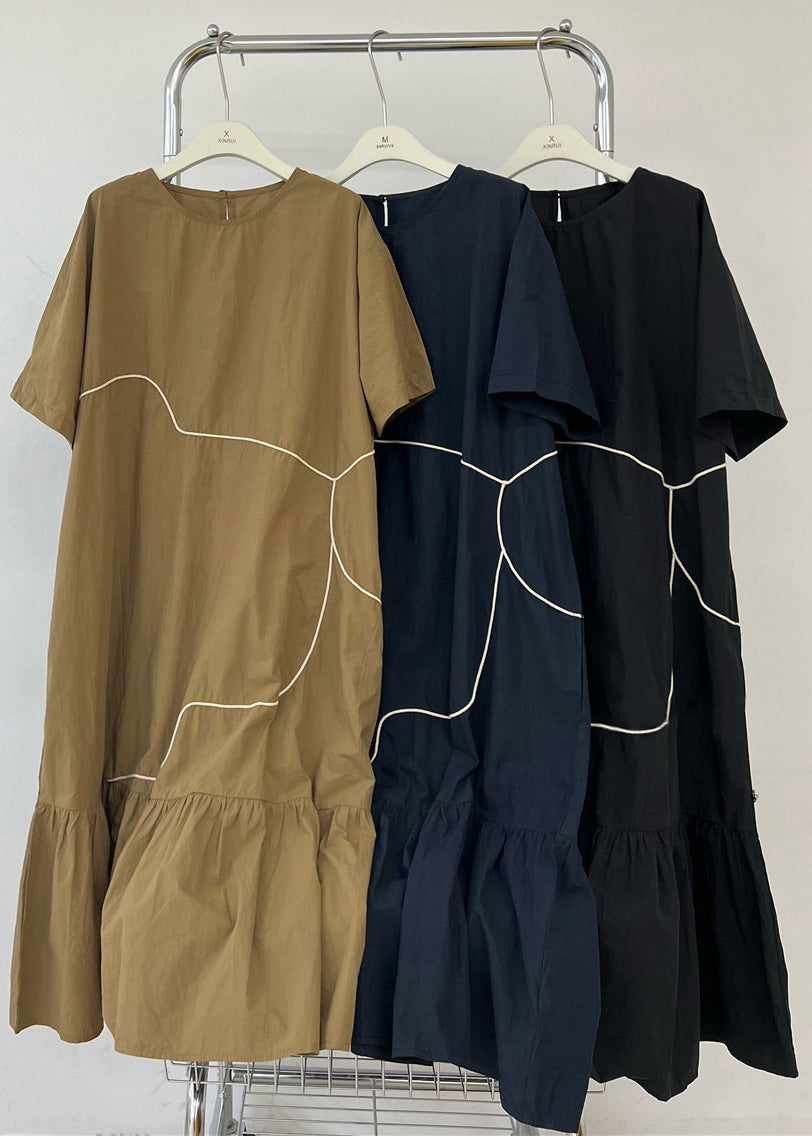 Französisches Khaki-Maxikleid mit Rüschen und Patchwork, kurze Ärmel, TT1046 