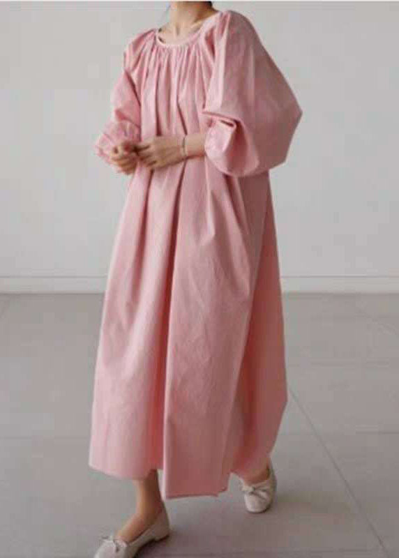 Kleid zerknittert O-Ausschnitt Rosa Maxi Viertel Drei Baumwolle Ärmel 