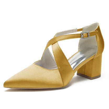 Block Pointed Toe Women's – Satin Elegant Heels White