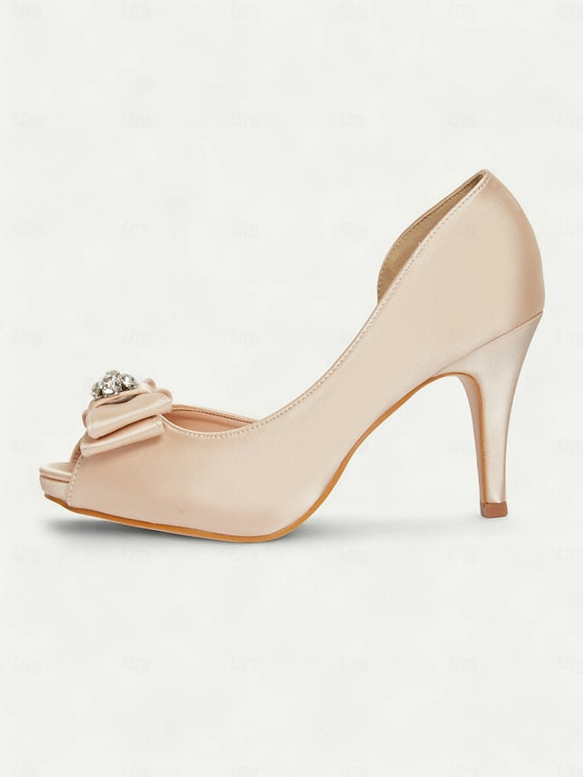and Toe with Peep Satin Bow Champagne Heels Women's