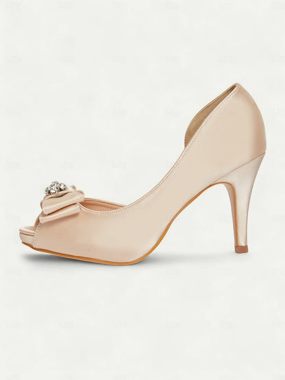 Champagne Satin Bow Women's Peep and Toe Heels with
