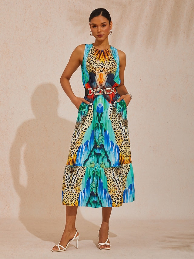 Vacation Jungle Print Satin Maxi Dress