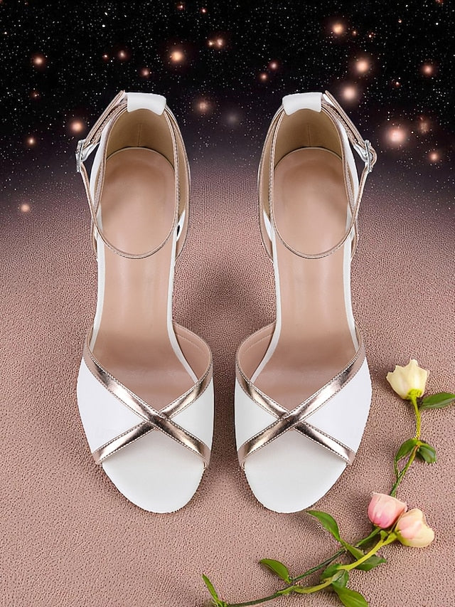 Heel Sandals Women's Metallic White Strap Block with Ankle