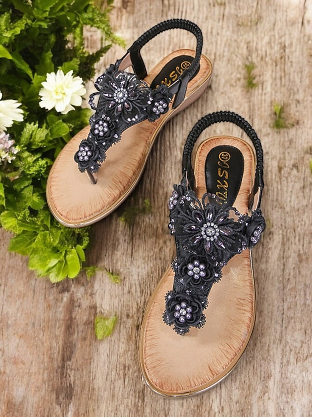 Women's T-Strap Lace Sandals Floral Embellished Pink –