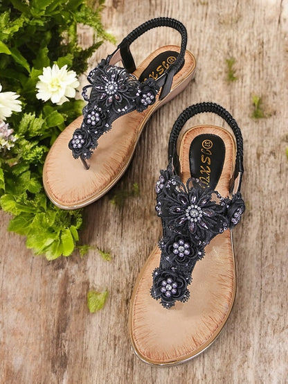 Women's T-Strap Lace Sandals Floral Embellished Pink –