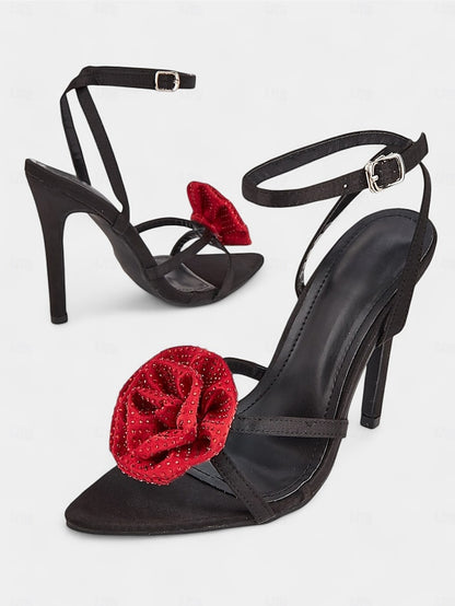 - Sandals Black Floral Embellishments Chic Heel High Red with