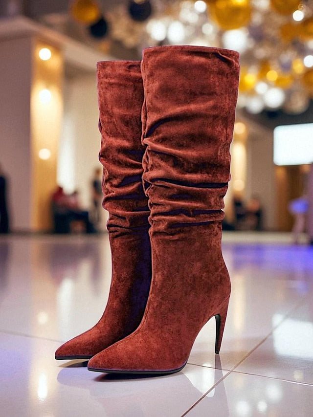 Women's Boots Pointed Velvet Slouch Knee - High Green Toe