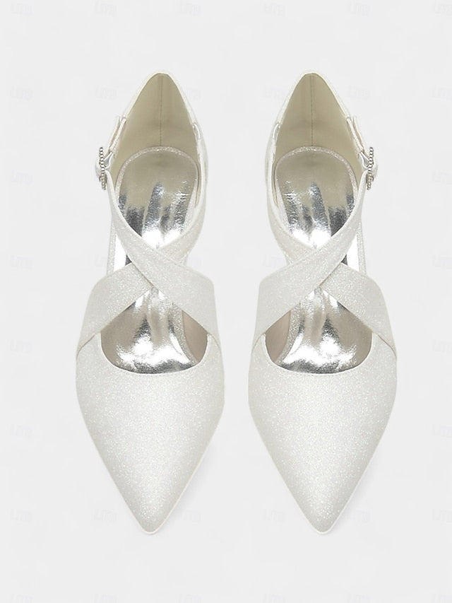 Glitter Cross Heels Rhinestone with Buckle Kitten White Strap