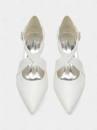 Glitter Cross Heels Rhinestone with Buckle Kitten White Strap