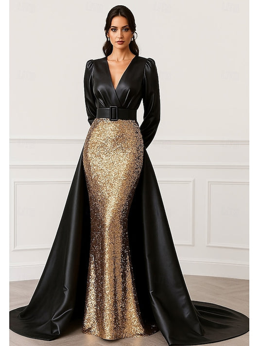 Black Gown A-Line Elegant Dress Formal Gold Wedding Evening