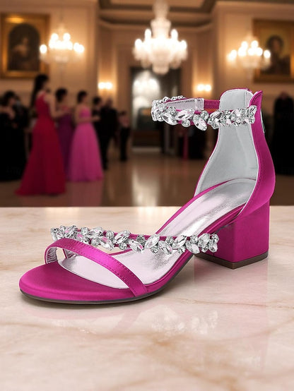 Purple Satin Crystal Sandals - Women's Heel Block