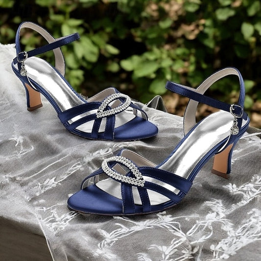 Women's Strappy Dark Heels Satin Rhinestone Blue with