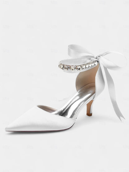 Ankle and Blue Pointed-Kitten Strap Heels with Satin Rhinestone