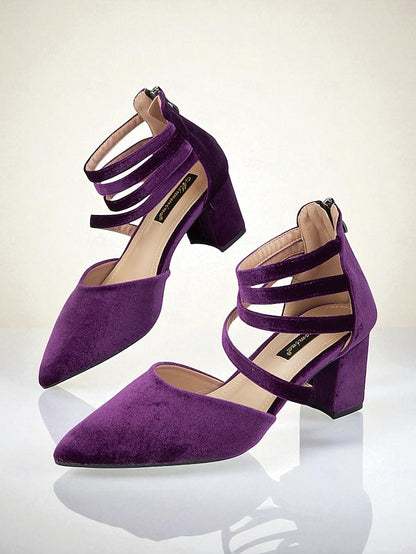 Blue Toe Velvet Pointed with Heel Pumps Block Women's