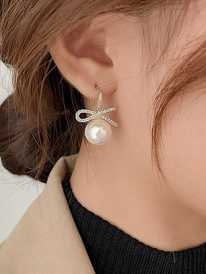 Christmas Rhinestone Pearl Bow Earrings and with Women's