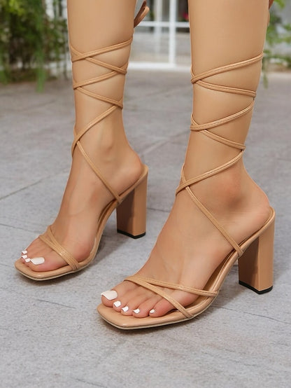 Heel with Strappy Women's Heels Lace-Up Clear White Block