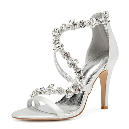 Floral Pink Sandals with High Heel Rhinestone Women's Satin
