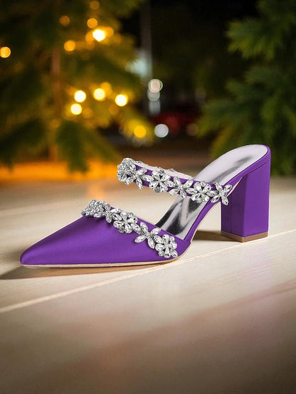 Floral Black Women's Block with Mules Rhinestone Heel Satin