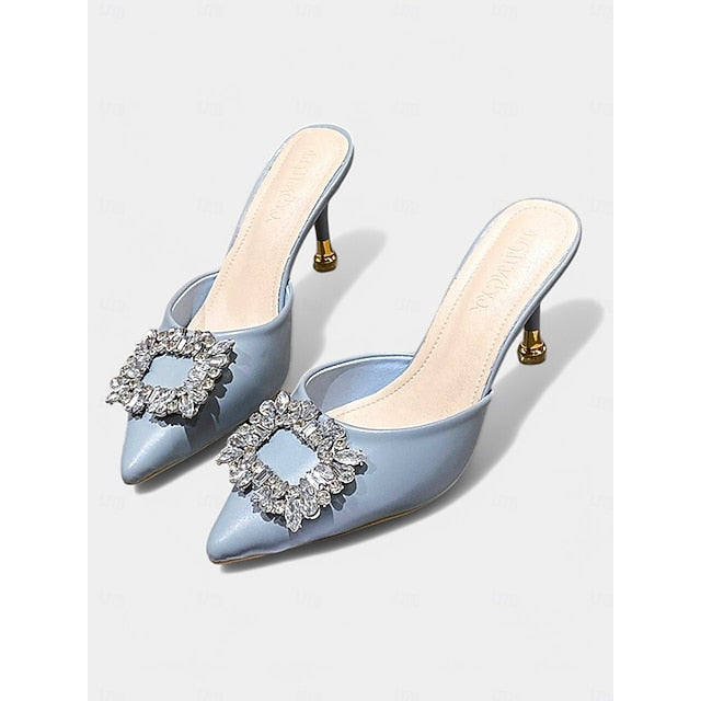 Mules Toe Light Pointed Blue Crystal Women's with Buckle