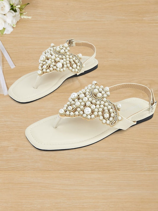 Sandals Pearl-Embellished Women's Elegant – T-Strap Flat