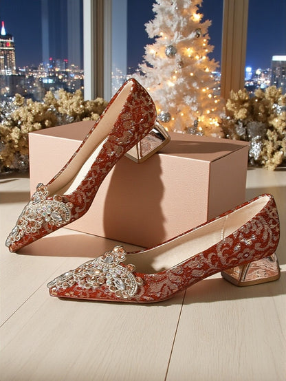 Embellished Pointed-Toe Women's Red Rhinestone Flats