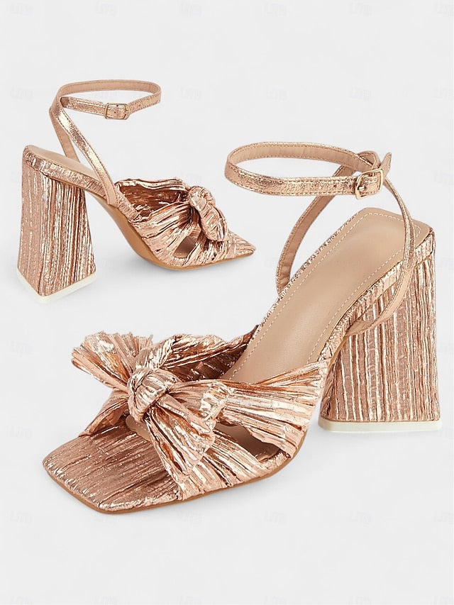 Block Knot Textured Sandals Detail and Rose Gold Heel with