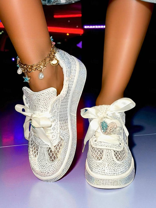 Rhinestone Sneakers with Women's Ribbon White Satin Laces