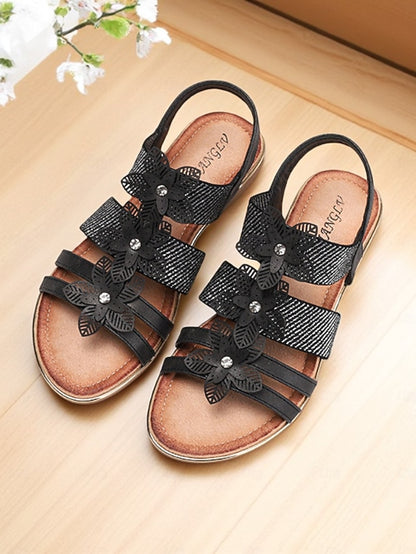 Women's Beige Sandals Floral Flat Elegant – Rhinestone