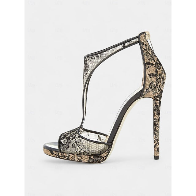 Lace Stiletto with Peep-Toe Mesh Design for Black Heels