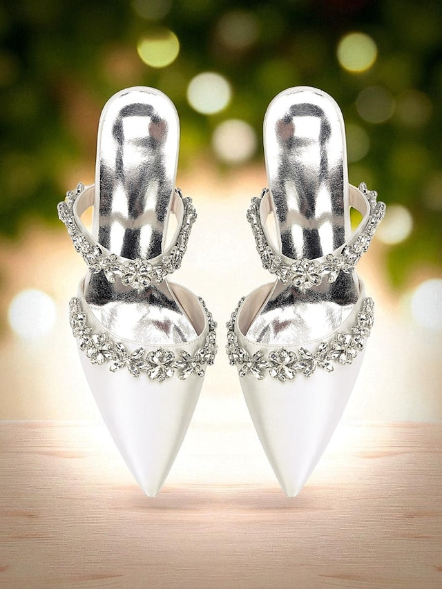 Floral Black Women's Block with Mules Rhinestone Heel Satin