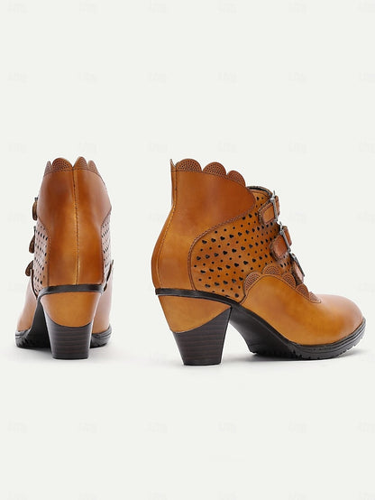 Boots Perforated Buckle Brown Women's - Vintage Strap Ankle