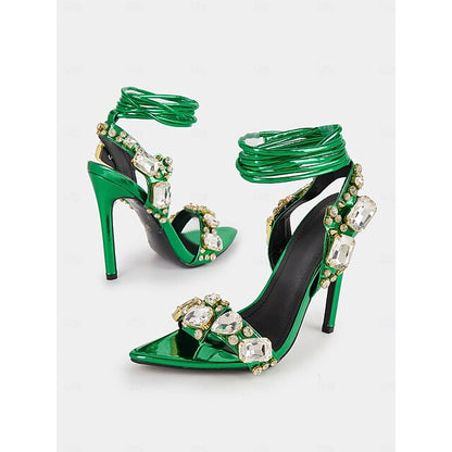 Stiletto Green Women's Heels Lace-Up with Metallic