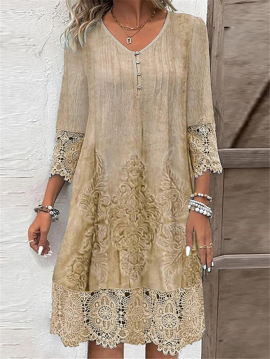Women's Casual Dress Boho Lace Detail V-neck Three Quarter