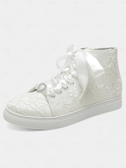 Women's Wedding Sneakers Ribbon Lace Satin with Ivory Laces